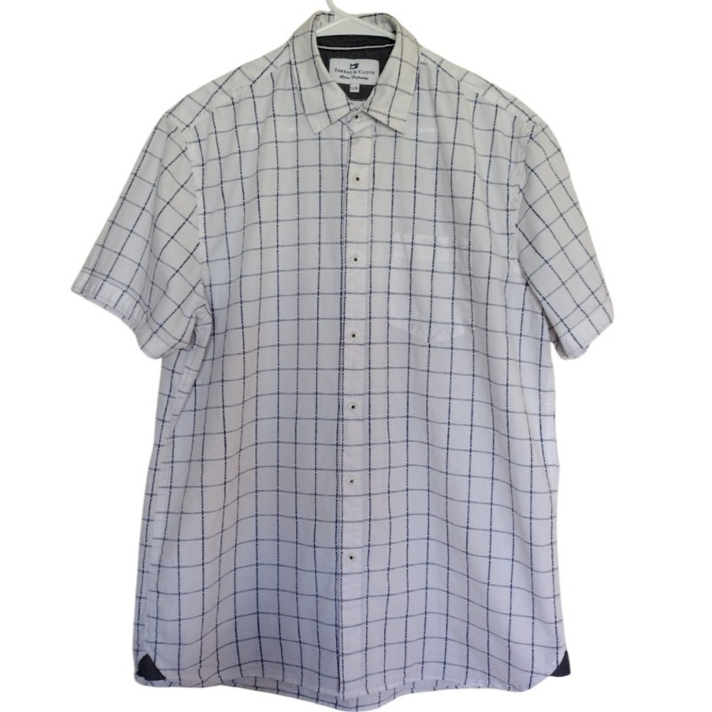 Thread‎ & Cloth Shirt Man's Large White Navy Plaid Shott Sleeve Casual Pocket